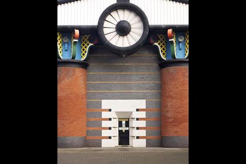 John Outram's post-modern Isle of Dogs Storm Water Pumping Station, built between 1986 and 1988 for Thames Water. It has just been listed at grade II*